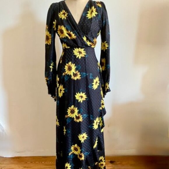 THE KOOPLES silk black floral print adjustable waist wrap midi/maxi dress - Picture 2 of 8